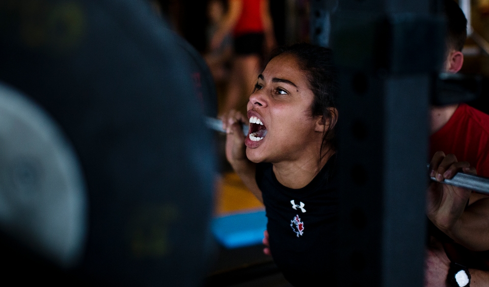 Magali Harvey lets out a yell trying to complete a squat during a team weight training practice at the Pacific Institute for Sports Excellence in Victoria, British Columbia Canada on January 25, 2016. (Kevin Light/CBCSports)